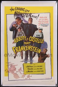 7a0503 ABBOTT & COSTELLO MEET FRANKENSTEIN linen 1sh R1956 Wolfman & Dracula are after Bud & Lou!