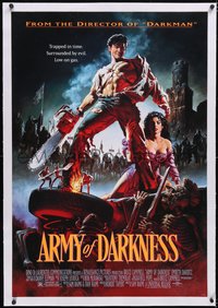 7a0522 ARMY OF DARKNESS linen 1sh 1993 Sam Raimi, great artwork of Bruce Campbell with chainsaw hand!