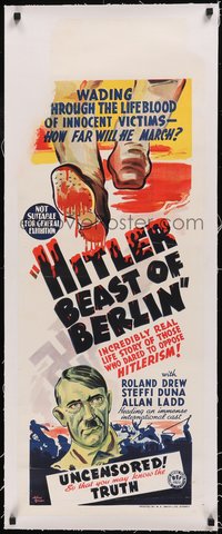 7a0342 HITLER - BEAST OF BERLIN linen long Aust daybill 1940 how far will he march, art, ultra rare!