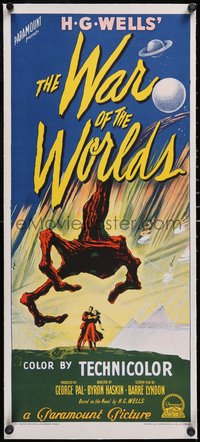 7a0344 WAR OF THE WORLDS linen Aust daybill 1954 H.G. Wells classic, great Richardson Studio art!