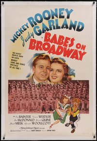 7a0524 BABES ON BROADWAY linen 1sh 1941 art of Mickey Rooney & Judy Garland by Al Hirschfeld, rare!