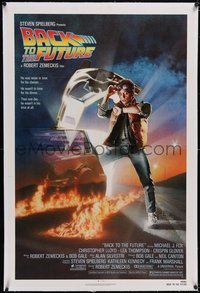 7a0527 BACK TO THE FUTURE linen NSS style 1sh 1985 art of Michael J. Fox & Delorean by Drew Struzan!