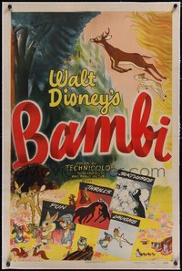 7a0529 BAMBI linen 1sh R1948 Walt Disney cartoon deer classic, different burning forest art, rare!