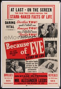 7a0534 BECAUSE OF EVE linen 1sh 1948 the stark-naked facts of life, see it in your car, ultra rare!