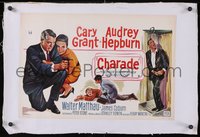 7a0363 CHARADE linen Belgian 1963 great different artwork of Cary Grant & sexy Audrey Hepburn!