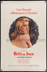 7a0536 BELLE DE JOUR linen 1sh 1968 Luis Bunuel, close up art of sexy naked Catherine Deneuve!