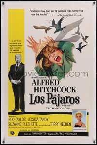 7a0543 BIRDS linen Spanish/US 1sh 1963 director Alfred Hitchcock shown, Tippi Hedren, classic intense attack art!