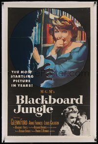 7a0546 BLACKBOARD JUNGLE linen 1sh 1955 Richard Brooks classic, art of terrified Margaret Hayes!