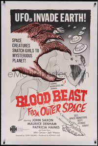 7a0551 BLOOD BEAST FROM OUTER SPACE linen 1sh 1966 UFOs invade Earth, creatures snatch sexy girls!