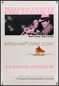 7a0552 BONNIE & CLYDE linen 1sh 1967 notorious crime duo Warren Beatty & Faye Dunaway, Arthur Penn!