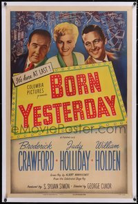 7a0553 BORN YESTERDAY linen 1sh 1951 Judy Holliday between William Holden & Broderick Crawford!