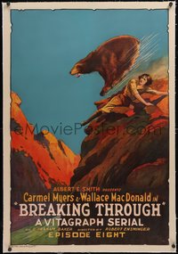7a0555 BREAKING THROUGH linen chapter 8 1sh 1921 art of Carmel Myers attacked by bear, ultra rare!
