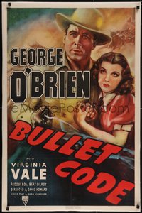 7a0556 BULLET CODE linen 1sh 1940 great close up art of cowboy George O'Brien & pretty Virginia Vale!