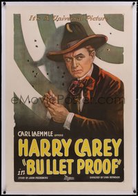 7a0557 BULLET PROOF linen 1sh 1920 great art of Harry Carey by bullet holes on target, ultra rare!