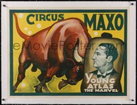 7a0295 CIRCUS MAXO linen 28x37 German circus poster 1920s Young Atlas The Marvel & bull, ultra rare!