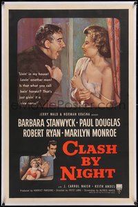 7a0568 CLASH BY NIGHT linen 1sh 1952 Fritz Lang, Barbara Stanwyck, Douglas, Marilyn Monroe shown!