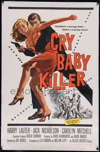 7a0577 CRY BABY KILLER linen 1sh 1958 first Jack Nicholson, cool art of criminal with girl and gun!