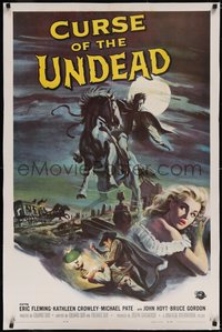 7a0578 CURSE OF THE UNDEAD linen 1sh 1959 art of fiend on horseback in graveyard by Reynold Brown!