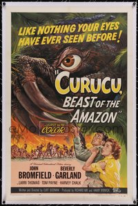 7a0579 CURUCU, BEAST OF THE AMAZON linen 1sh 1956 Universal horror, cool monster art by Reynold Brown!