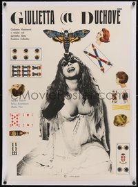 7a0312 JULIET OF THE SPIRITS linen Czech 23x32 1969 Fellini, Grygar art, playing cards, moth, rare!
