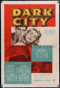 7a0581 DARK CITY linen 1sh 1950 gambler Charlton Heston's first role, c/u with sexy Lizabeth Scott!