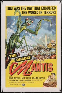 7a0584 DEADLY MANTIS linen 1sh 1957 classic art of giant insect by Washington Monument by Ken Sawyer!