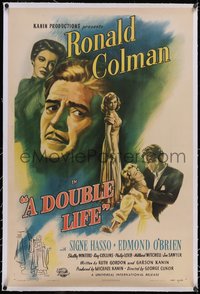 7a0590 DOUBLE LIFE linen 1sh 1947 great noir art of Ronald Colman, Signe Hasso & Shelley Winters!