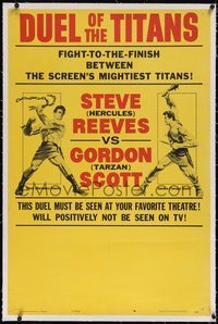 7a0594 DUEL OF THE TITANS linen style B 1sh 1963 Steve Hercules Reeves vs Gordon Tarzan Scott!