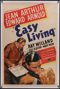 7a0596 EASY LIVING linen 1sh 1937 Jean Arthur, Edward Arnold, Milland, Preston Sturges, ultra rare!