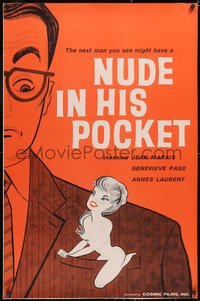 7a0317 NUDE IN HIS POCKET linen 27x41 English 1sh 1960 art of Jean Marais & sexy Genevieve Page!