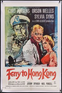 7a0607 FERRY TO HONG KONG linen 1sh 1960 artwork of Curt Jurgens, Sylvia Syms & Orson Welles pointing gun!