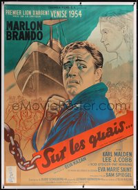 7a0260 ON THE WATERFRONT linen French 1p R1950s Kazan, cool art of Marlon Brando, ultra rare!