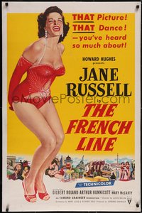 7a0617 FRENCH LINE linen 2D 1sh 1954 Howard Hughes, art of sexy Jane Russell in skimpy outfit!