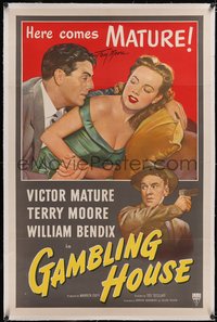 7a0620 GAMBLING HOUSE signed linen 1sh 1951 by Terry Moore, Zamparelli art of her & Victor Mature!