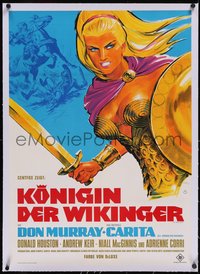 7a0355 VIKING QUEEN linen German 1967 Hammer, great Klaus Dill art of Carita with sword & shield!