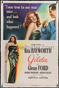 7a0623 GILDA linen 1sh 1946 sexy Rita Hayworth in sheath dress & slapped by angry Glenn Ford, rare!