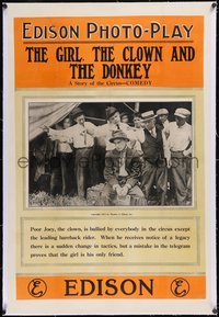 7a0625 GIRL THE CLOWN & THE DONKEY linen 1sh 1913 man is bullied by everyone in circus, ultra rare!