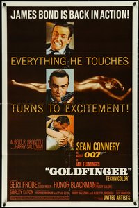 7a0038 GOLDFINGER 1sh 1964 three images of Sean Connery as James Bond 007 with a glossy finish!