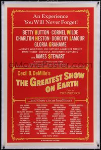 7a0631 GREATEST SHOW ON EARTH linen 1sh 1952 James Stewart, Betty Hutton, list of circus headliners!