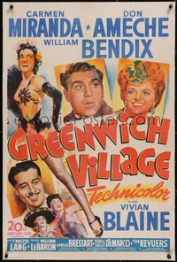 7a0634 GREENWICH VILLAGE linen 1sh 1944 art of sexy Carmen Miranda, Don Ameche & William Bendix!