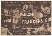 7a0116 BRIDE OF FRANKENSTEIN herald 1935 monster Boris Karloff & Elsa Lanchester in full makeup!