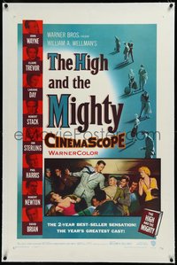 7a0642 HIGH & THE MIGHTY linen 1sh 1954 John Wayne, Claire Trevor, William Wellman airplane disaster!