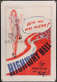 7a0643 HITCHHIKE TO HELL linen 1sh R1940s sexy art, Highway Hell, it tells the truth, ultra rare!
