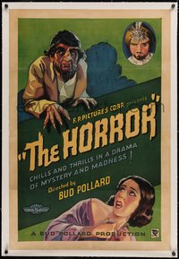 7a0648 HORROR linen 1sh 1932 cool stone litho art of man who becomes a monster & scared girl!