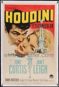 7a0651 HOUDINI linen 1sh 1953 art of magician Tony Curtis and his sexy assistant Janet Leigh!