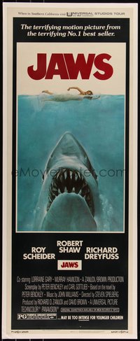 7a0092 JAWS insert 1975 art of Steven Spielberg's classic man-eating shark attacking sexy swimmer!