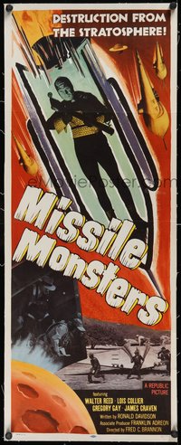 7a0449 MISSILE MONSTERS linen insert 1958 aliens bring destruction from the stratosphere, wacky art!