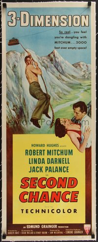 7a0454 SECOND CHANCE linen 3D insert 1953 cool art of barechested Robert Mitchum & Linda Darnell!