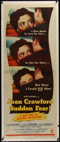 7a0094 SUDDEN FEAR insert 1952 close images of terrified Joan Crawford, Jack Palance, film noir!