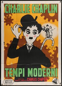 7a0022 MODERN TIMES Italian 1p R1956 Charlie Chaplin, cool never seen art by Ciriello, ultra rare!